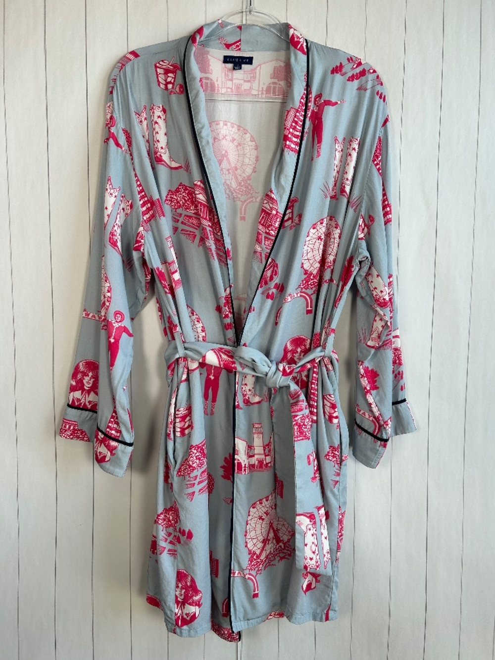 Katie Kime one size Dallas Toile lounge robe white pink cotton modal w pockets